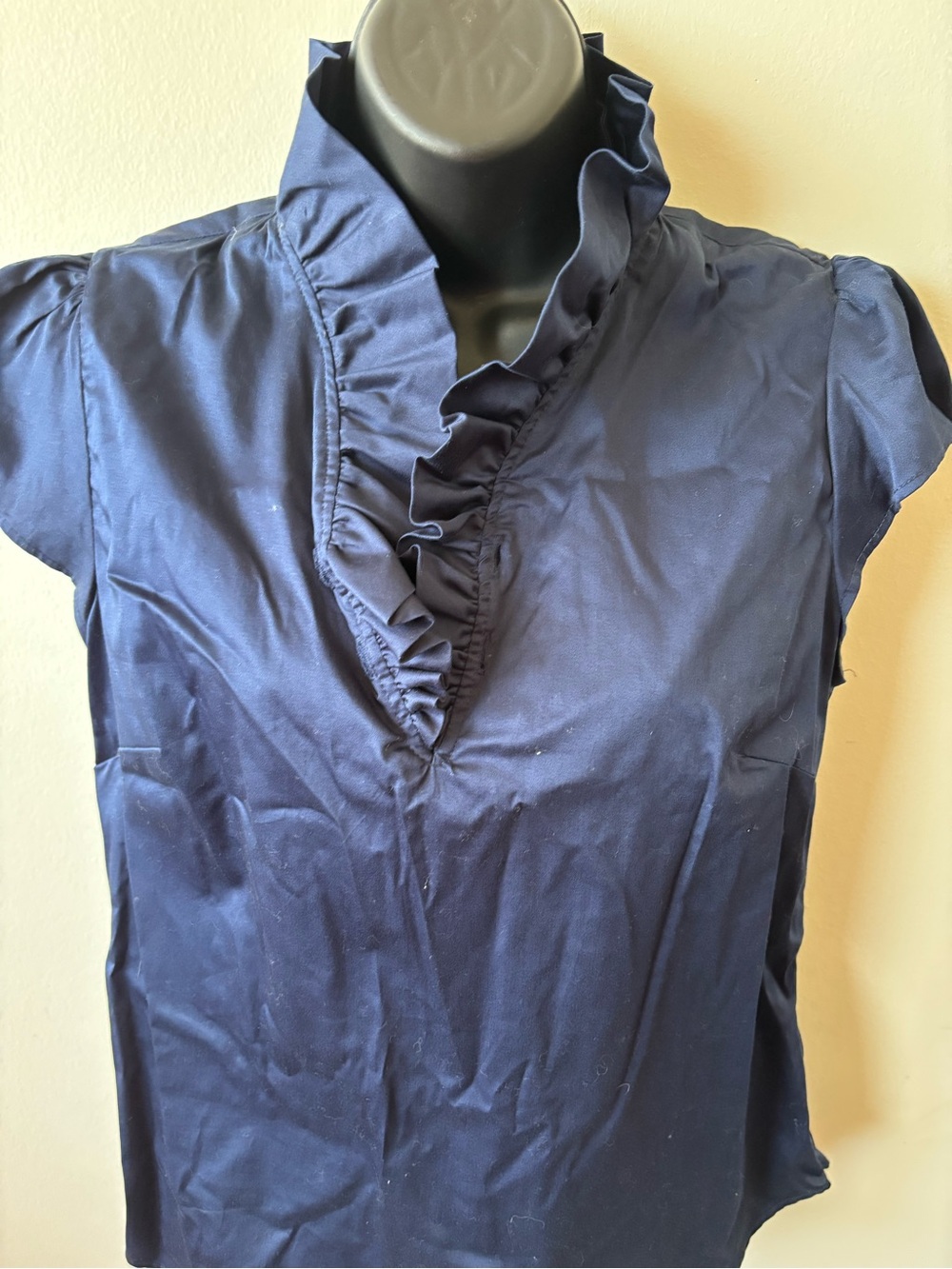 Elizabeth McKay Navy Ruffle V-Neck Cap Sleeve Blouse